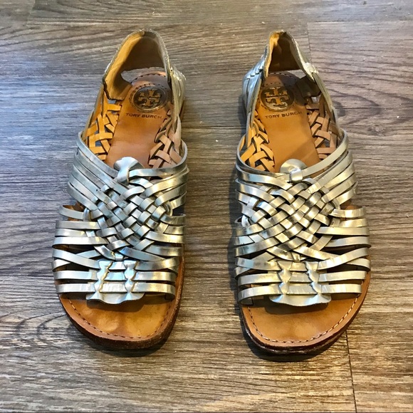 TORY BURCH SILVER HUARACHE LEATHER SANDALS SZ 9.5 - Picture 2 of 6